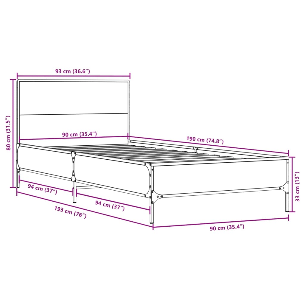 Bedframe bewerkt hout en metaal sonoma eikenkleurig 90x190 cm