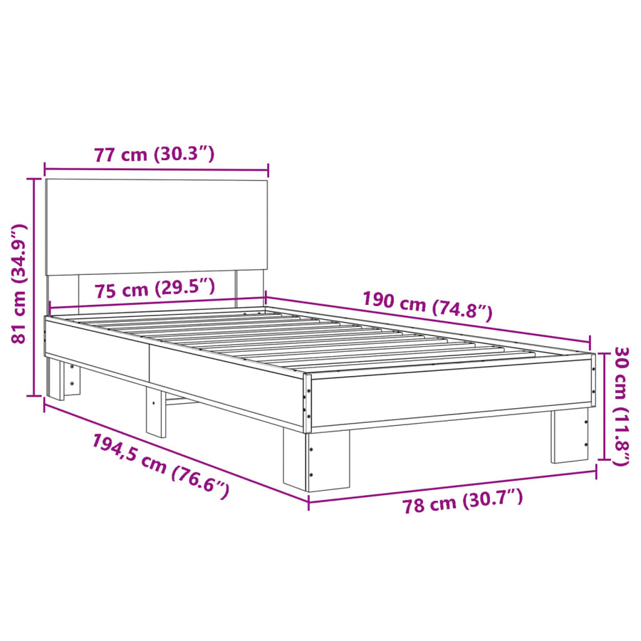 Bedframe bewerkt hout en metaal sonoma eikenkleurig 75x190 cm
