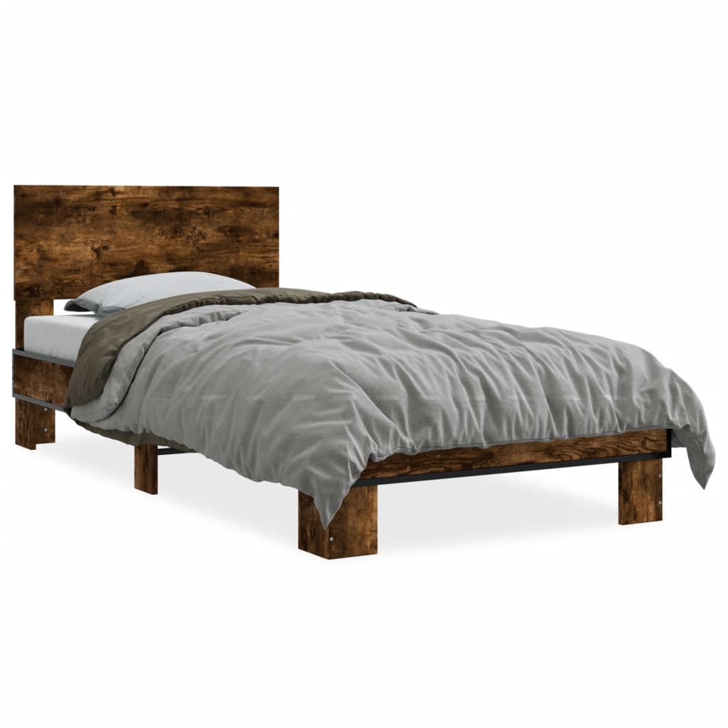 Bedframe bewerkt hout en metaal gerookt eikenkleurig 75x190 cm