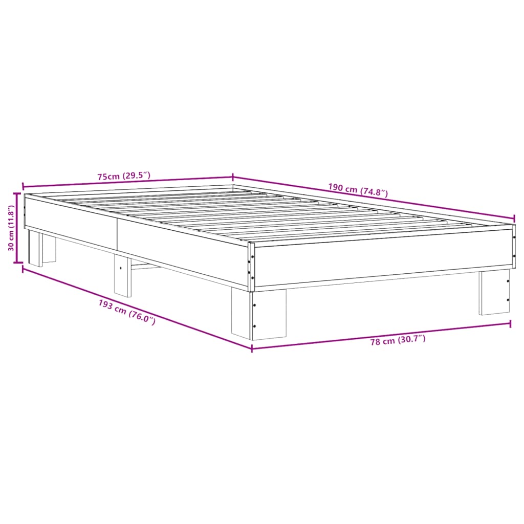 Bedframe bewerkt hout en metaal sonoma eikenkleurig 75x190 cm