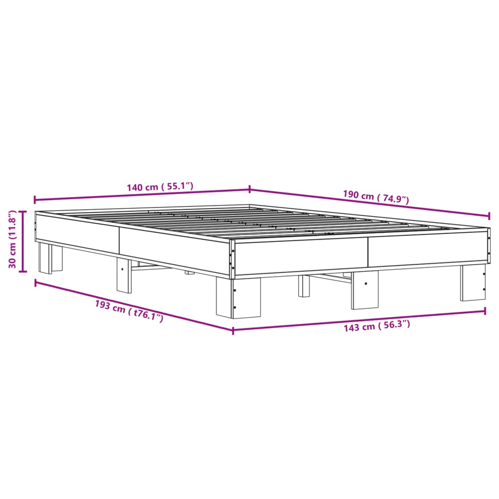 Bedframe bewerkt hout metaal gerookt eikenkleurig 140x190 cm
