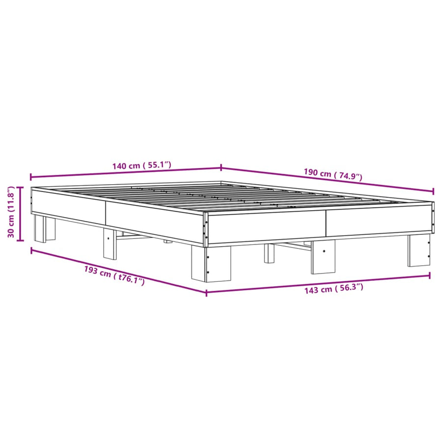 Bedframe bewerkt hout metaal gerookt eikenkleurig 140x190 cm