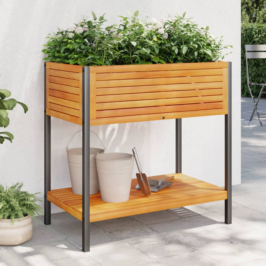 Plantenbak Met Schap Massief Acaciahout En Staal 80 x 45 x 80 cm
