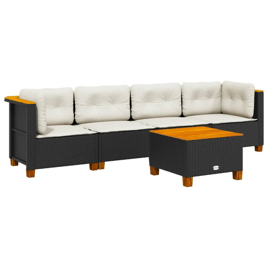 5-delige Loungeset met kussens poly rattan zwart
