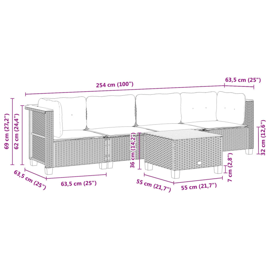 5-delige Loungeset met kussens poly rattan zwart