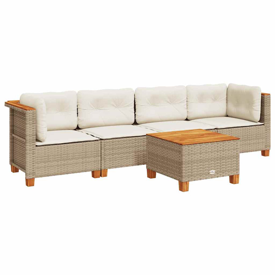 5-delige Loungeset met kussens poly rattan beige