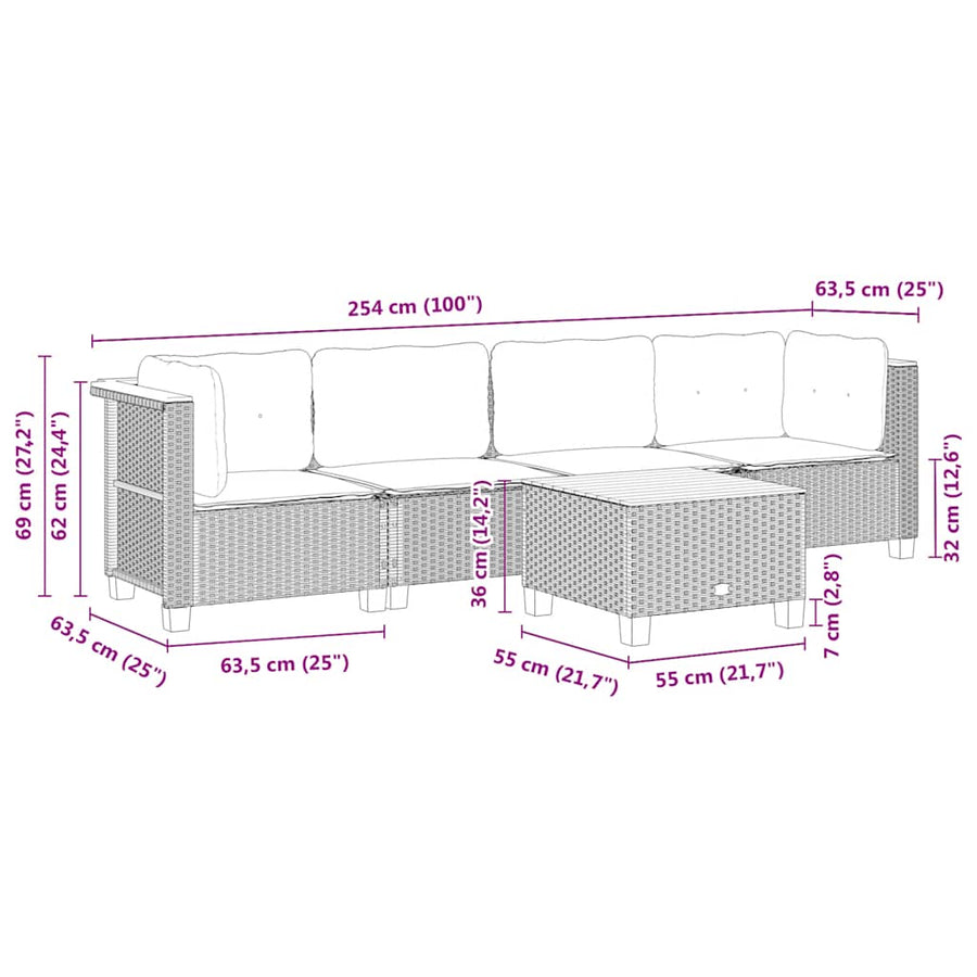 5-delige Loungeset met kussens poly rattan beige