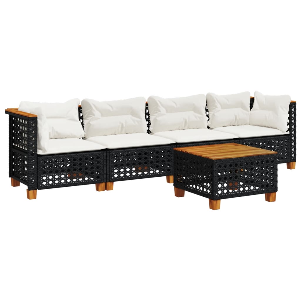 5-delige Loungeset met kussens poly rattan zwart