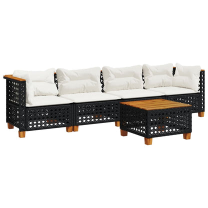 5-delige Loungeset met kussens poly rattan zwart