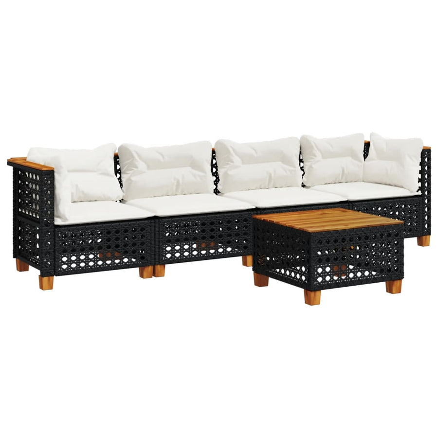 5-delige Loungeset met kussens poly rattan zwart