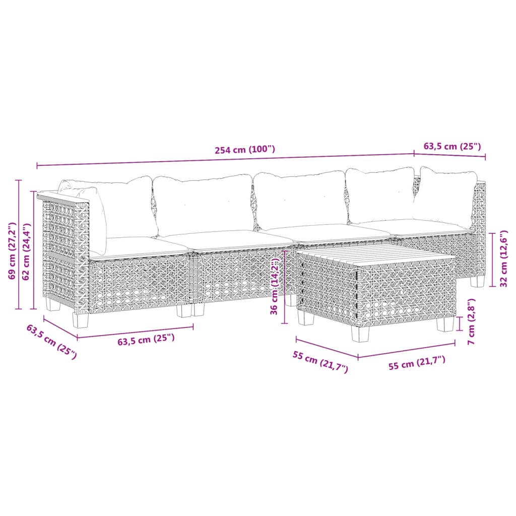 5-delige Loungeset met kussens poly rattan zwart