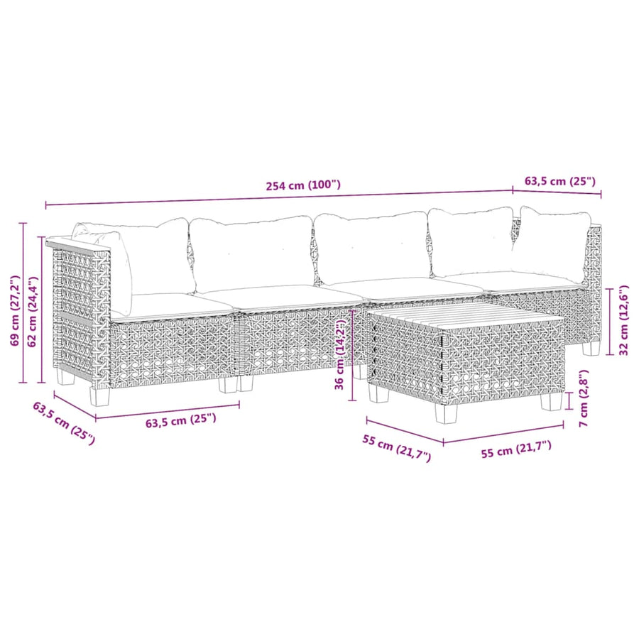5-delige Loungeset met kussens poly rattan zwart