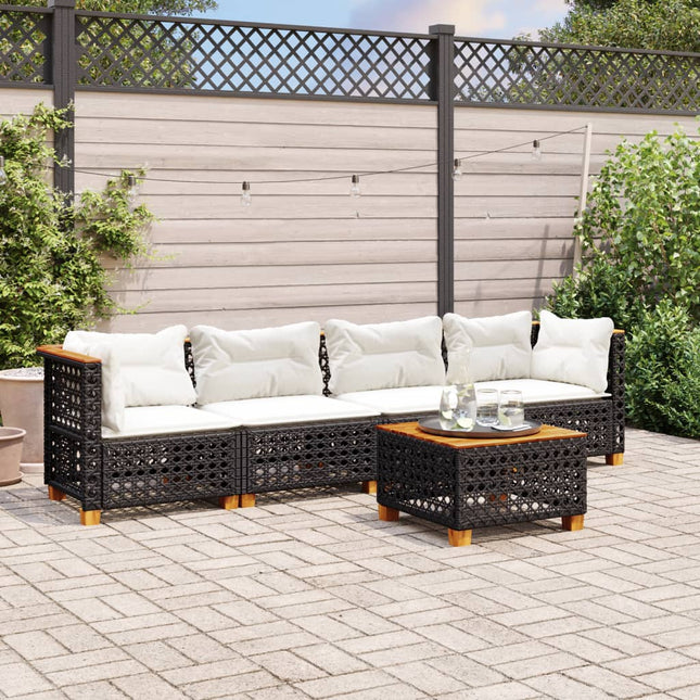 5-delige Loungeset met kussens poly rattan zwart