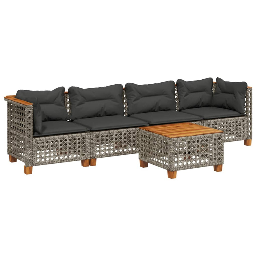 5-delige Loungeset met kussens poly rattan grijs