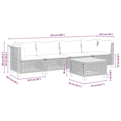 5-delige Loungeset met kussens poly rattan grijs