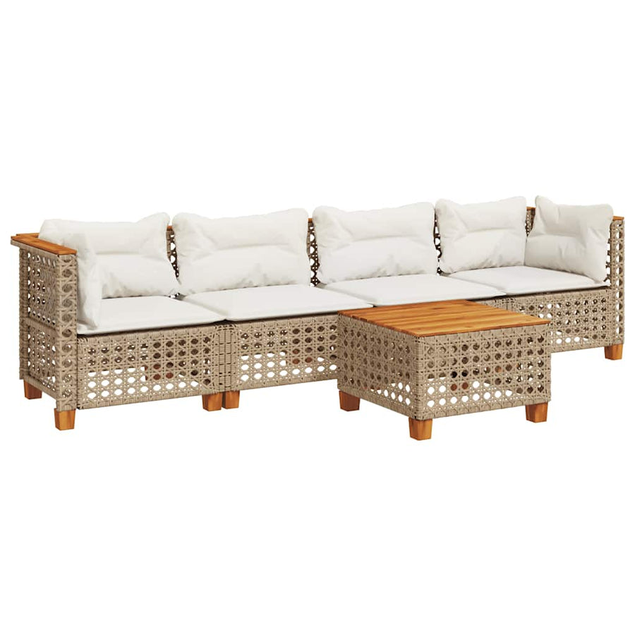 5-Delige Loungeset Met Kussens Poly Rattan Beige Lijngeweven