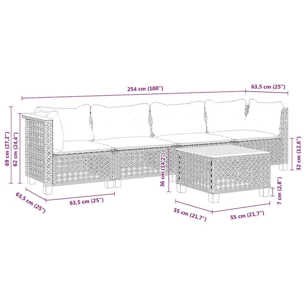 5-Delige Loungeset Met Kussens Poly Rattan Beige Lijngeweven