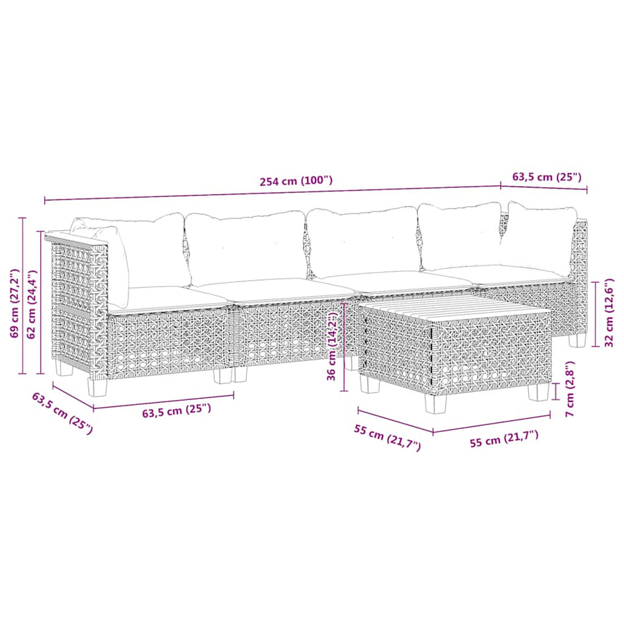 5-Delige Loungeset Met Kussens Poly Rattan Beige Lijngeweven