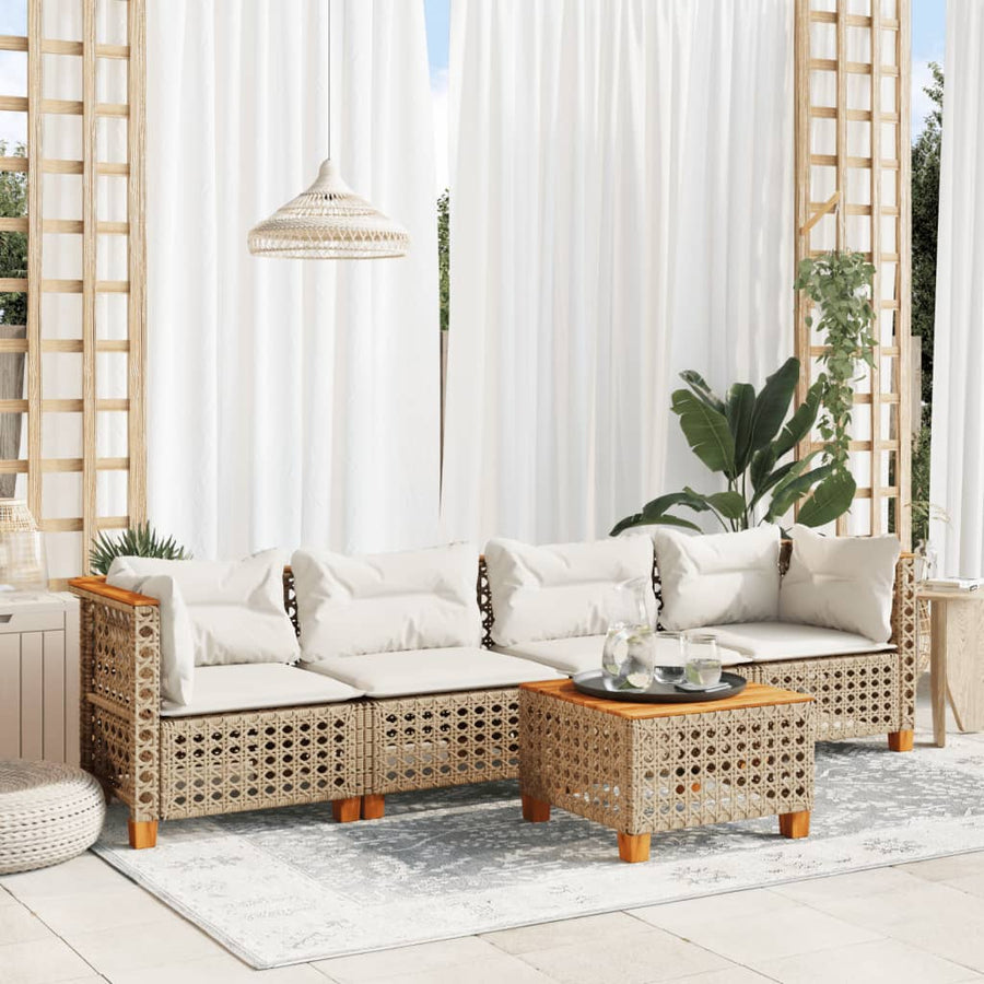 5-Delige Loungeset Met Kussens Poly Rattan Beige Lijngeweven