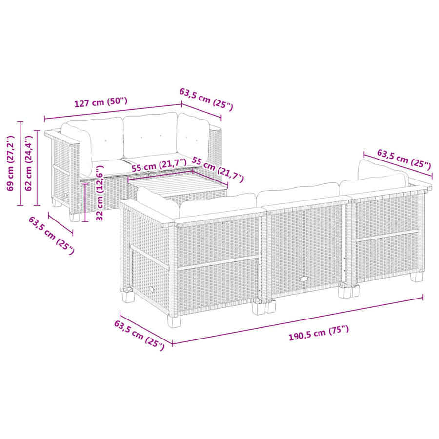 6-delige Loungeset met kussens poly rattan zwart