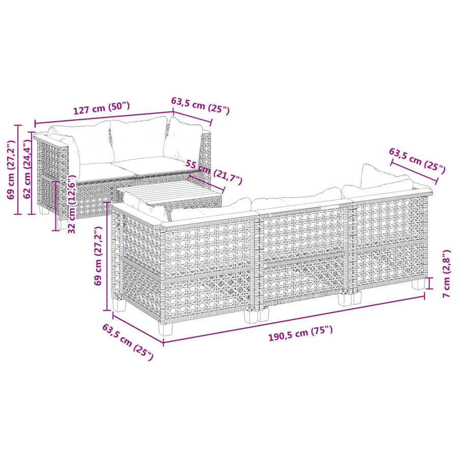 6-delige Loungeset met kussens poly rattan zwart