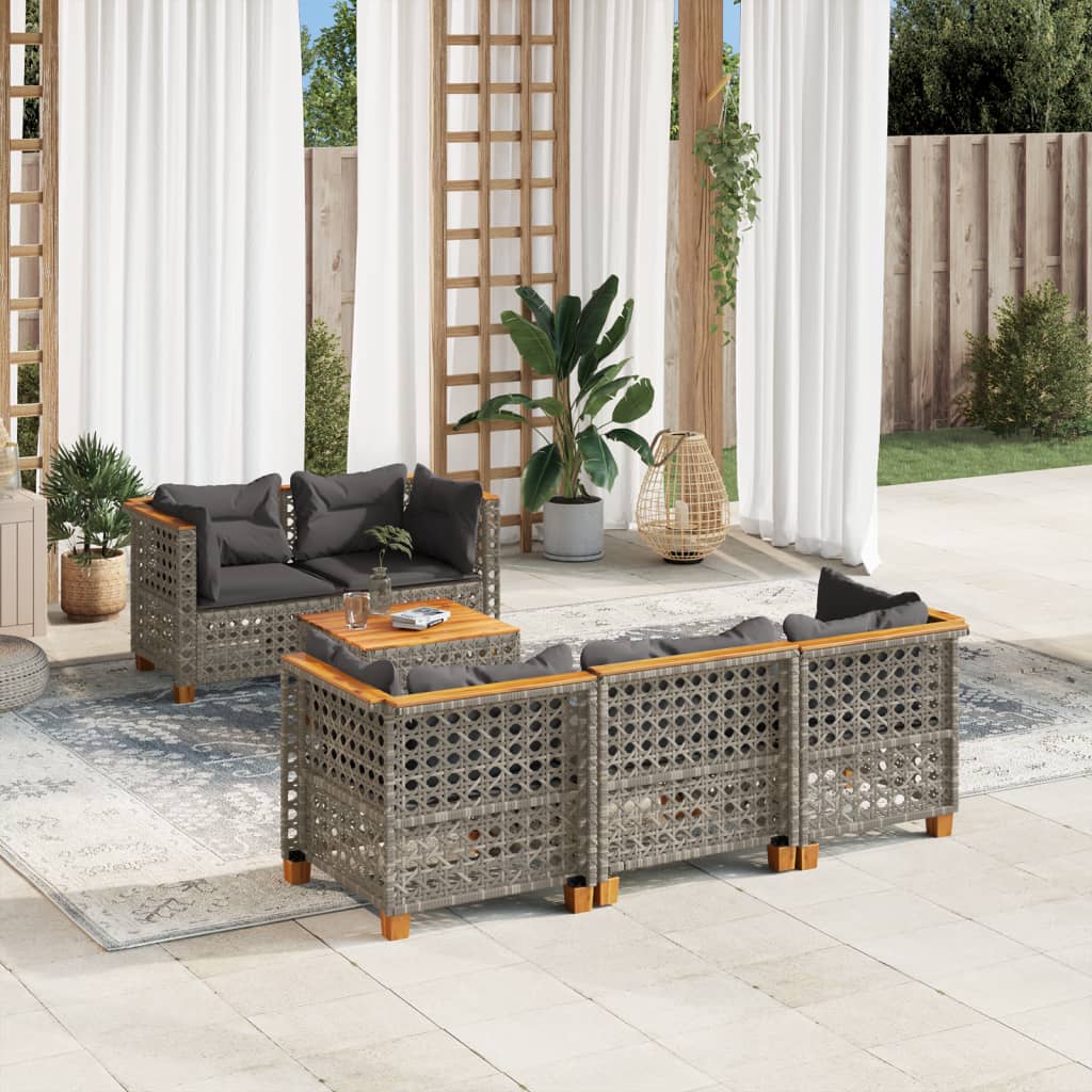 6-delige Loungeset met kussens poly rattan grijs