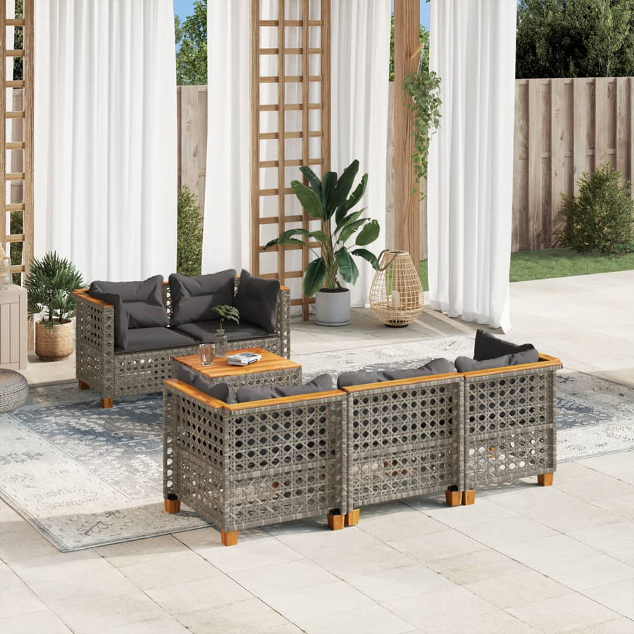 6-delige Loungeset met kussens poly rattan grijs