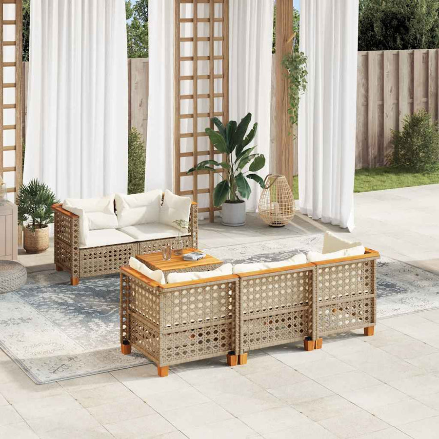 6-Delige Loungeset Met Kussens Poly Rattan Beige Lijngeweven