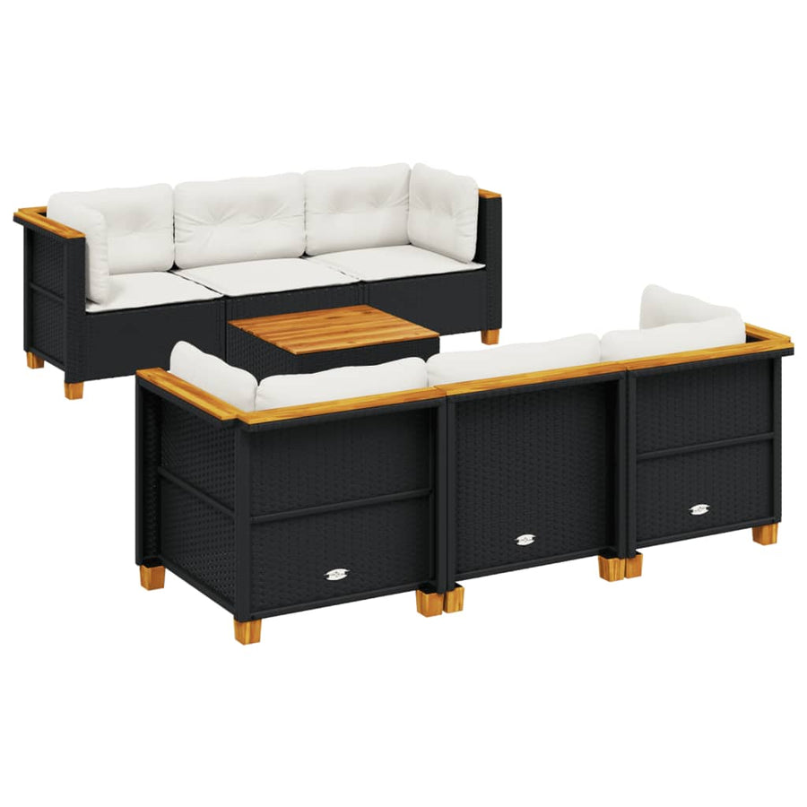 7-delige Loungeset met kussens poly rattan zwart