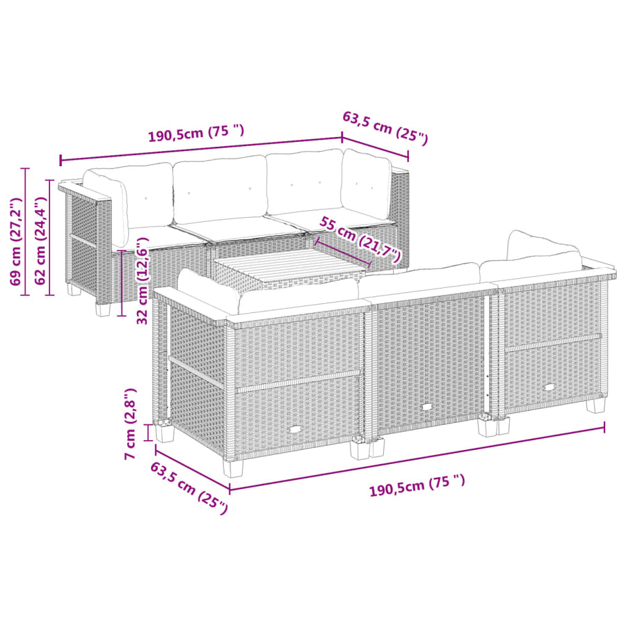 7-delige Loungeset met kussens poly rattan zwart