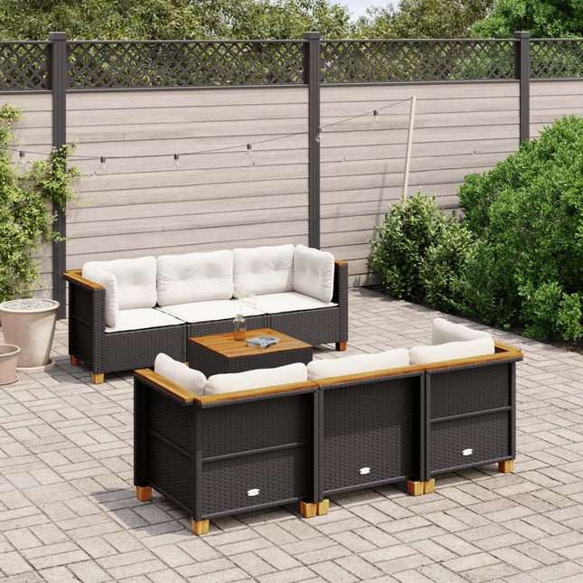 7-delige Loungeset met kussens poly rattan zwart