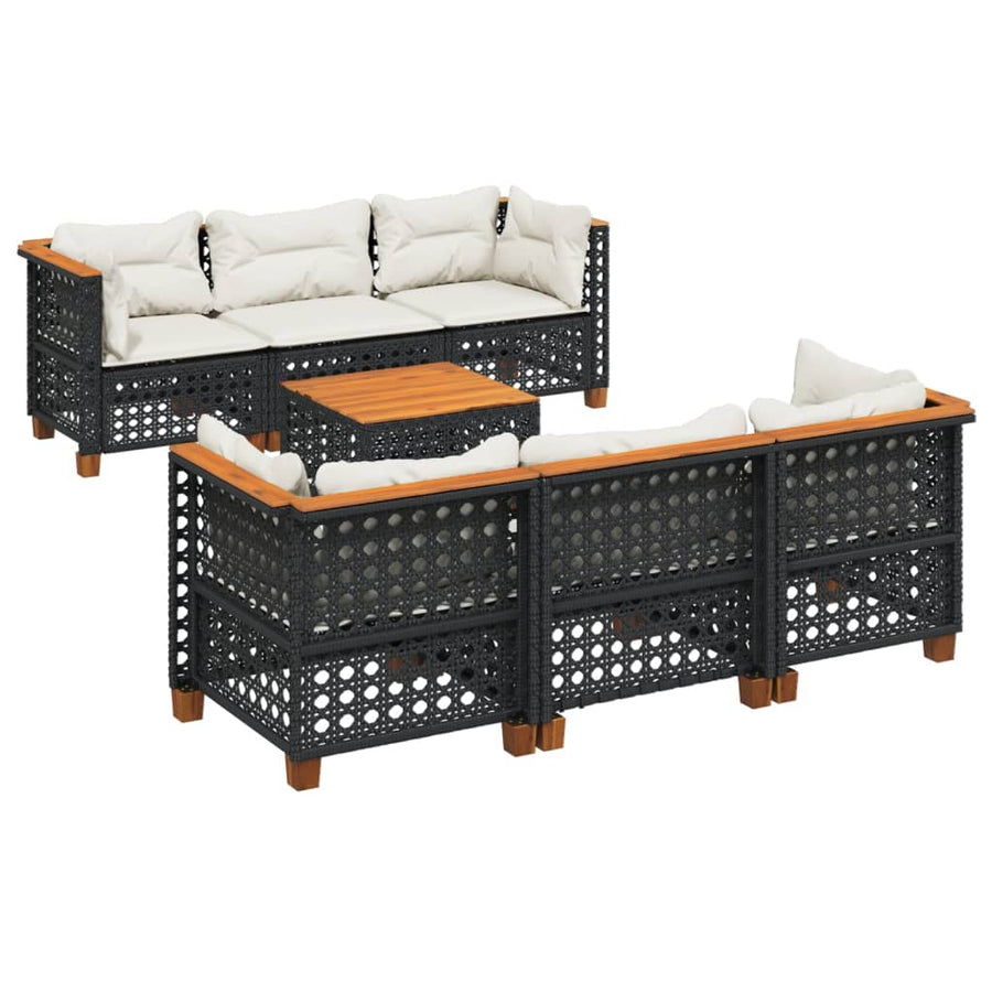 7-delige Loungeset met kussens poly rattan zwart