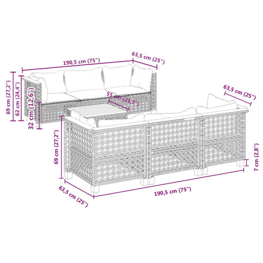 7-delige Loungeset met kussens poly rattan zwart
