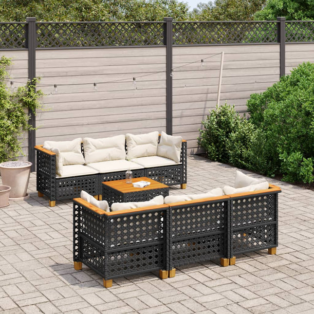 7-delige Loungeset met kussens poly rattan zwart