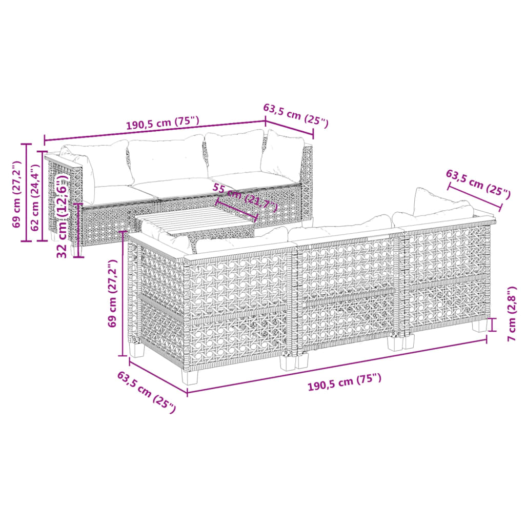 7-delige Loungeset met kussens poly rattan grijs