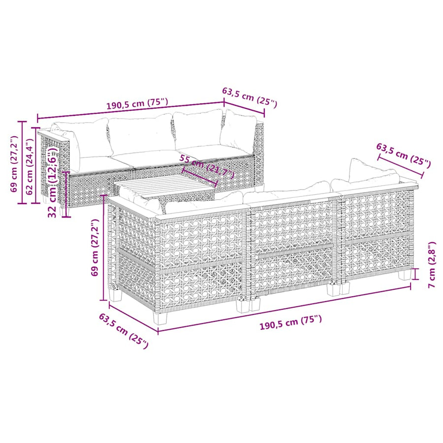 7-Delige Loungeset Met Kussens Poly Rattan Beige Lijngeweven