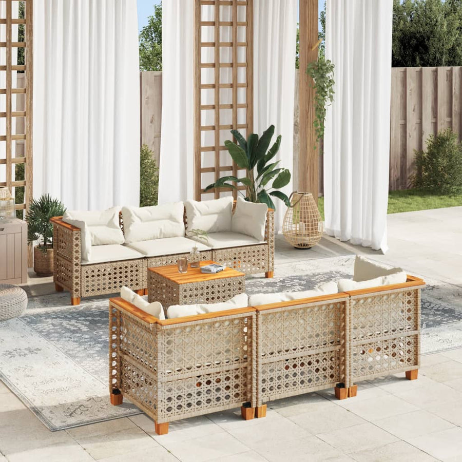 7-Delige Loungeset Met Kussens Poly Rattan Beige Lijngeweven