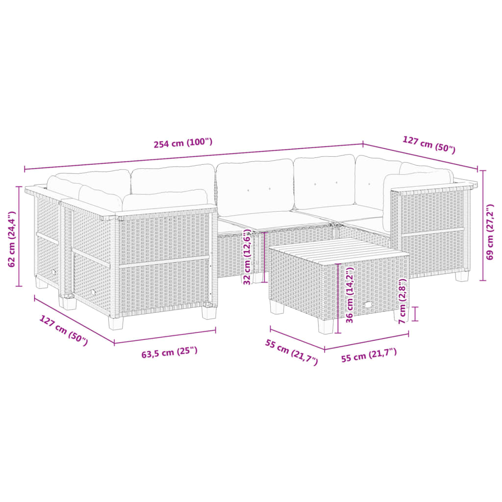 7-delige Loungeset met kussens poly rattan zwart