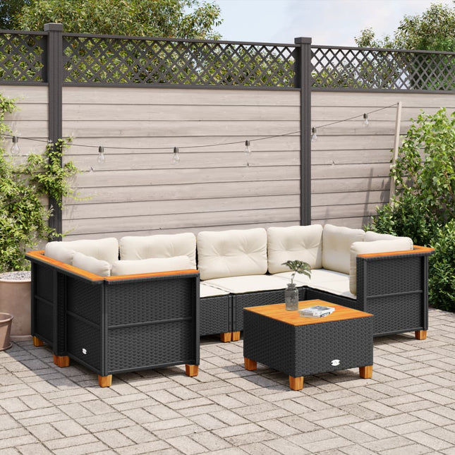 7-delige Loungeset met kussens poly rattan zwart