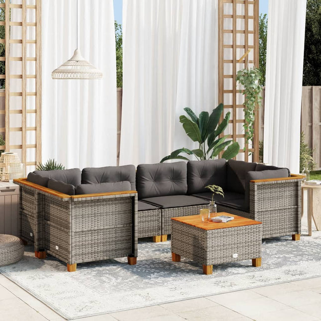 7-delige Loungeset met kussens poly rattan grijs