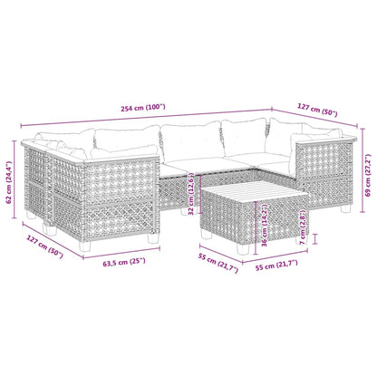 7-delige Loungeset met kussens poly rattan zwart