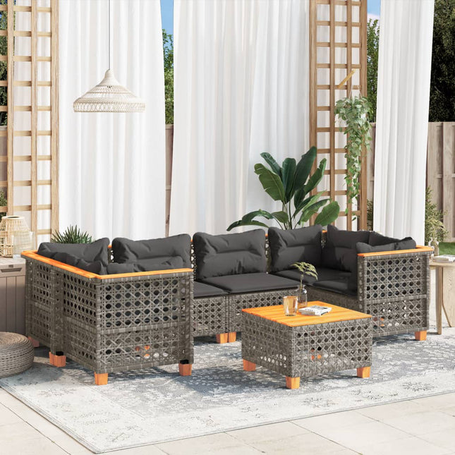 7-delige Loungeset met kussens poly rattan grijs