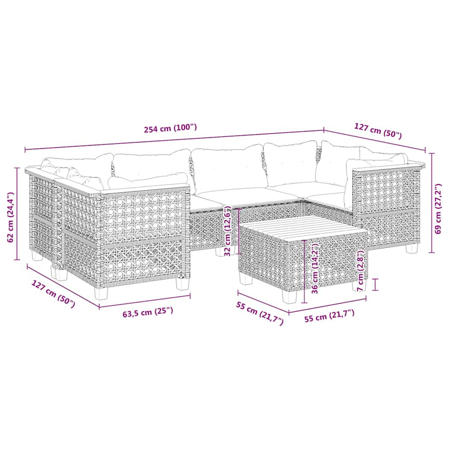 7-Delige Loungeset Met Kussens Poly Rattan Beige Lijngeweven
