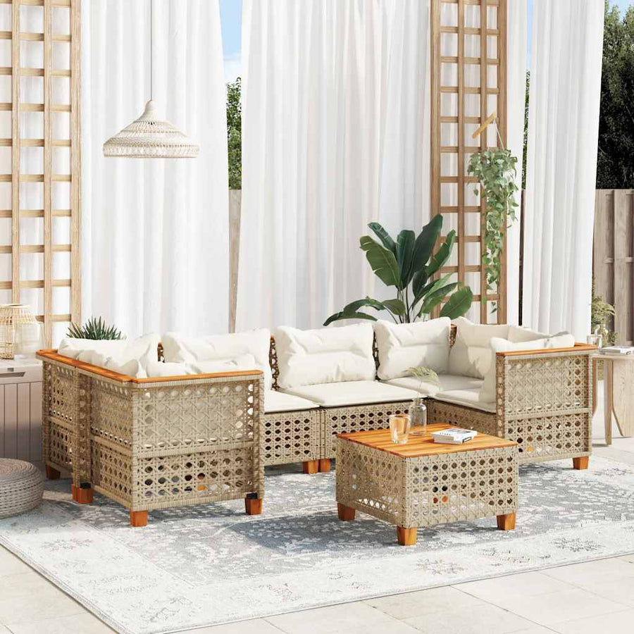 7-Delige Loungeset Met Kussens Poly Rattan Beige Lijngeweven