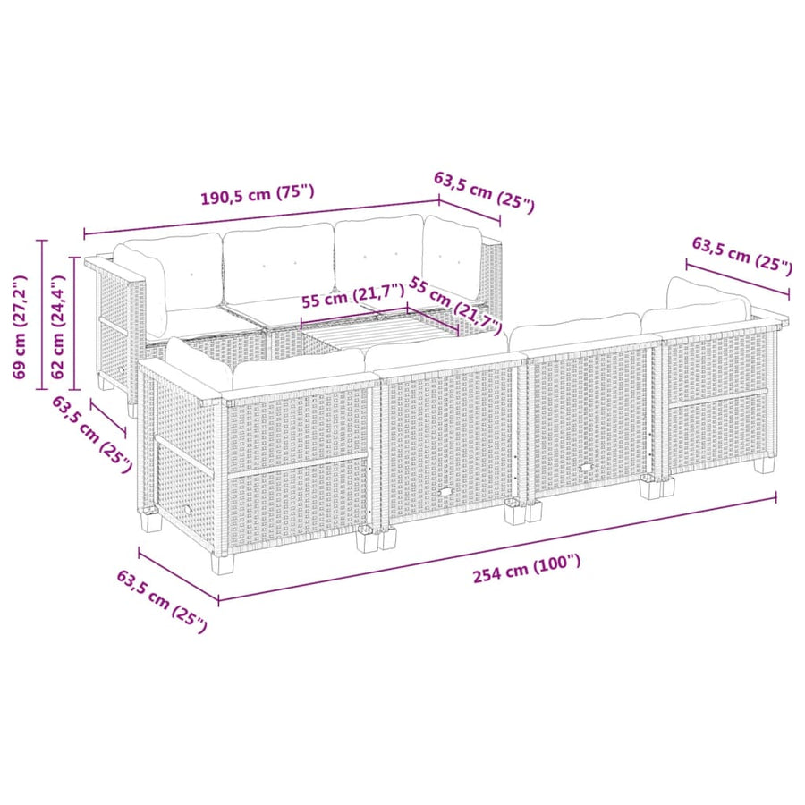8-delige Loungeset met kussens poly rattan zwart