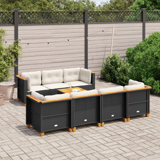 8-delige Loungeset met kussens poly rattan zwart