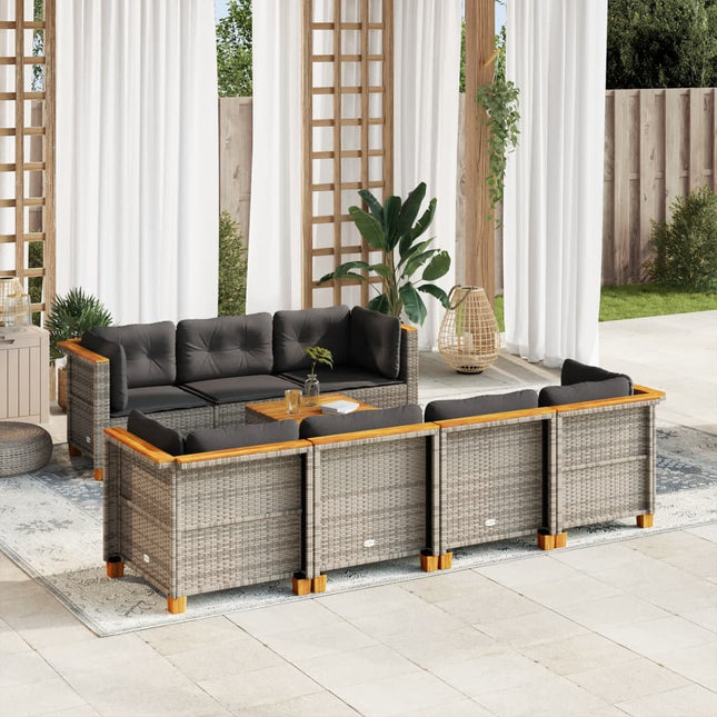 8-delige Loungeset met kussens poly rattan grijs