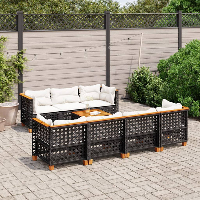 8-delige Loungeset met kussens poly rattan zwart