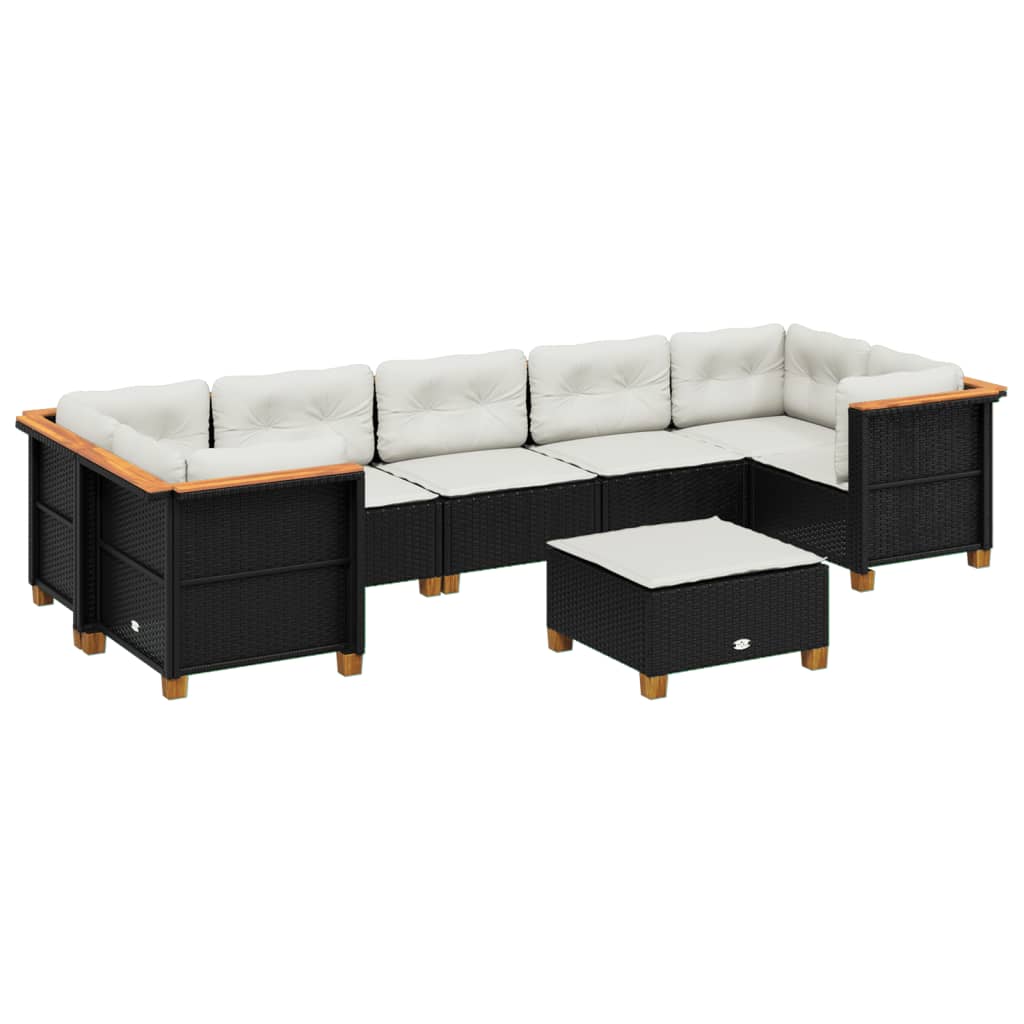 8-delige Loungeset met kussens poly rattan zwart