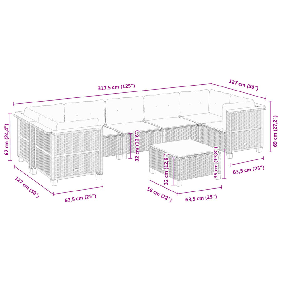 8-delige Loungeset met kussens poly rattan zwart